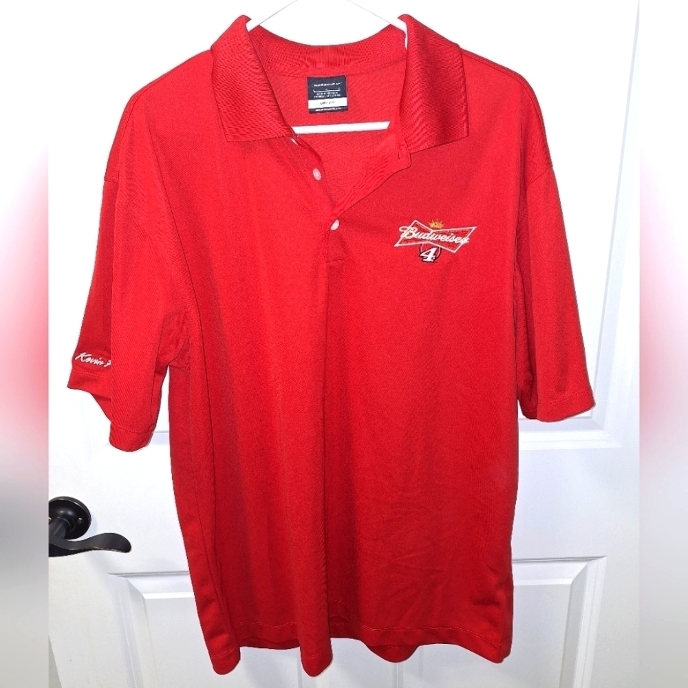 A Nike Golf Dri-Fit Budweiser #4 Kevin Harvick Polo in a men's size large.